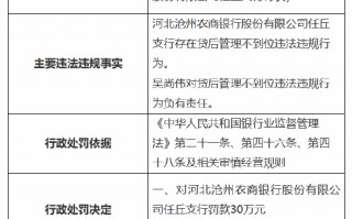 河北沧州农商银行任丘支行被罚30万元：因贷后管理不到位